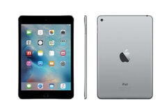 Apple iPad Mini 4 Wi-Fi (A1538), Space Grau, links: Frontansicht mit Frontkamera, eingeschaltet; Mitte: Seitenansicht; rechts: Rückansicht mit Rückkamera