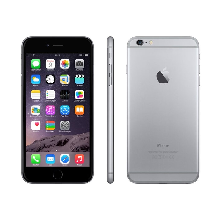 Apple iPhone 6, 4.7 Zoll, 1334x750, Retina, 16 GB, 8.0 MP, iOS 8, Fingerabdrucksensor im Home-Button, Spacegrau, A-Ware, Ansicht von Vorne, Seite und hinten Apple iPhone 6, 4.7 Zoll, 1334x750, Retina, 16 GB, 8.0 MP, iOS 8, Fingerabdrucksensor im Home-Button, Spacegrau, A-Ware, Ansicht von Vorne, Seite und hinten
